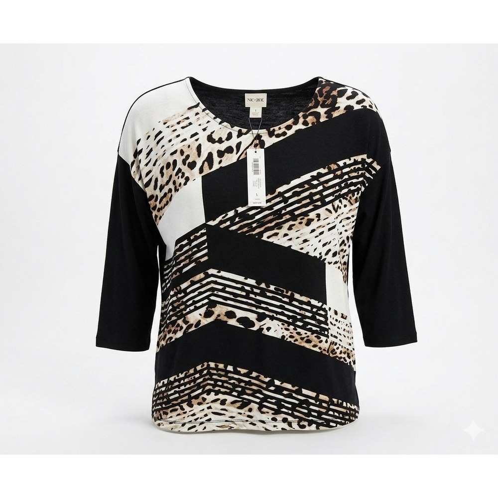 Chico's Zenergy Women's Black & Leopard Print Long Sleeve Round Neck Top. Size 1